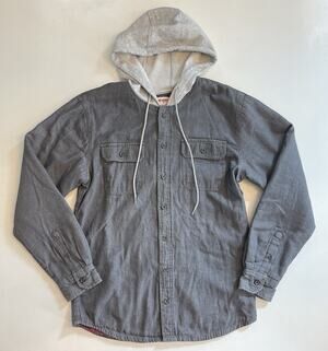 WRANGLER Men Medium Dark Wash Gray Flannel Lined Red Hooded Denim Shirt